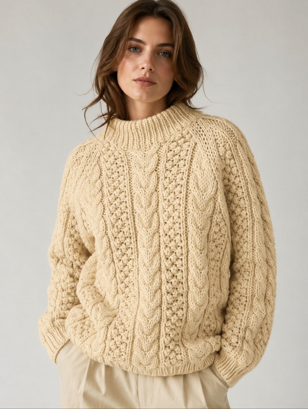 Vintage Hand Knit Aran Wool Sweater Leaf Cable Bobble Cream Fisherman Knit Small